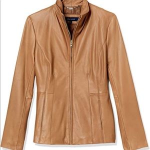 COLE HAAN leather wing collared jacket